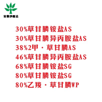 30%草甘膦銨鹽AS， 30%草甘膦異丙胺鹽AS， 38%2甲·草甘膦AS， 46%草甘膦異丙胺鹽AS， 68%草甘膦銨鹽SG，80%草甘膦銨鹽SG ，80%乙羧·草甘膦WP